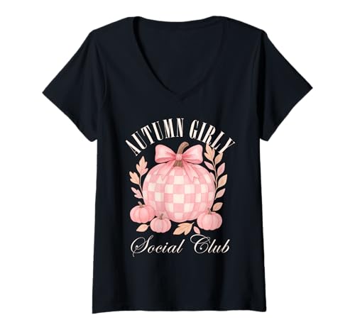 Damen Herbst Girly Social Club Kokette Kürbis Girlycore Herbst T-Shirt mit V-Ausschnitt von Coquette Aesthetic