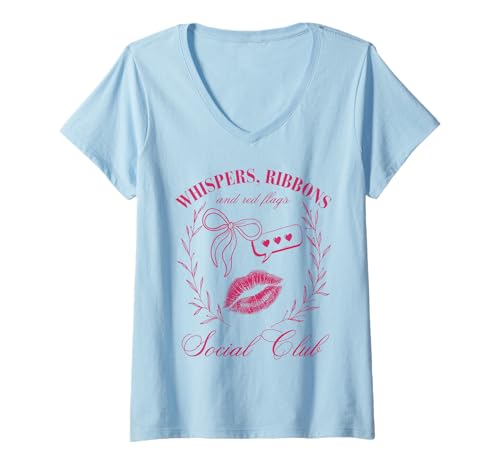 Damen Whispers Ribbons Rote Flaggen, Kokette, Motiv: Social Club T-Shirt mit V-Ausschnitt Damen Whispers Ribbons Rote Flaggen, Kokette, Motiv: Social Club T-Shirt mit V-Ausschnitt von Coquette Aesthetic