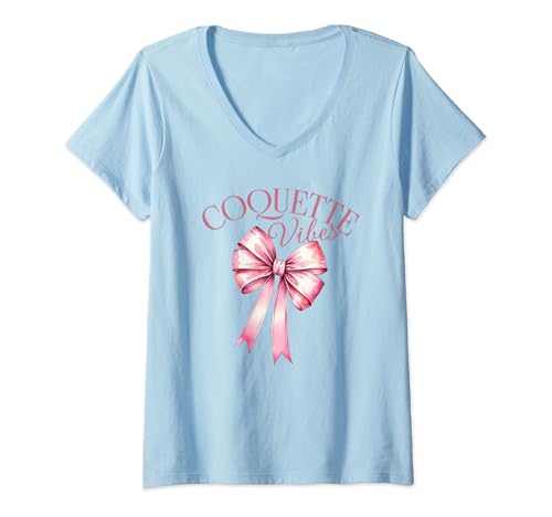 Damen Coquette Vibes Schleifenband Cottagecore T-Shirt mit V-Ausschnitt Damen Coquette Vibes Schleifenband Cottagecore T-Shirt mit V-Ausschnitt von Coquette Aesthetics