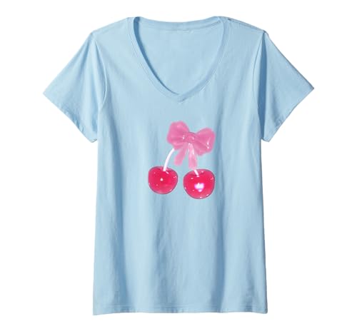 Damen Kokette Hot Pink Kirschen mit Schleife Y2K 90er Jahre T-Shirt mit V-Ausschnitt Damen Kokette Hot Pink Kirschen mit Schleife Y2K 90er Jahre T-Shirt mit V-Ausschnitt von Coquette Aesthetics