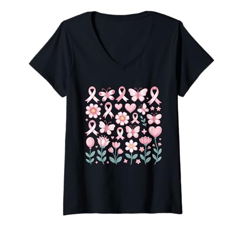 Damen Coquette Rosa Schleifen Brustkrebs Bewusstsein T-Shirt mit V-Ausschnitt Damen Coquette Rosa Schleifen Brustkrebs Bewusstsein T-Shirt mit V-Ausschnitt von Coquette Awareness Ribbon Collection