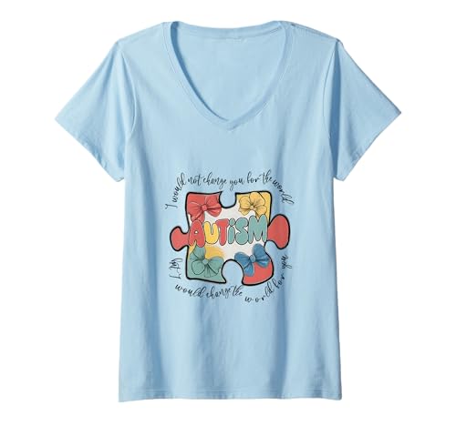 Damen Kokette Bogen Puzzleteil Autismus T-Shirt mit V-Ausschnitt Damen Kokette Bogen Puzzleteil Autismus T-Shirt mit V-Ausschnitt von Coquette Bow - Autism Awareness