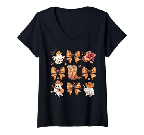 Damen Kokette Halloween Kürbis Schleife Niedlicher Geist Gruselige Jahreszeit T-Shirt mit V-Ausschnitt Damen Kokette Halloween Kürbis Schleife Niedlicher Geist Gruselige Jahreszeit T-Shirt mit V-Ausschnitt von Coquette Bow Coquette Ghost Coquette Bow Gift Idea