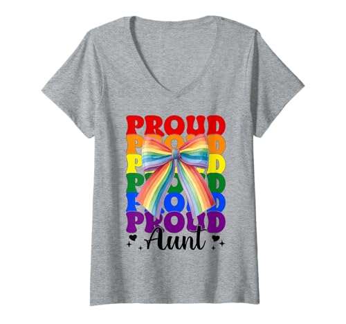 Damen Proud Aunt Gay Pride Flagge LGBTQ Regenbogen Kokette Schleife T-Shirt mit V-Ausschnitt Damen Proud Aunt Gay Pride Flagge LGBTQ Regenbogen Kokette Schleife T-Shirt mit V-Ausschnitt von Coquette Bow Gay Pride Flag LGBTQ Gifts