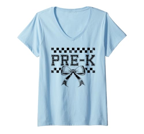 Damen Coquette Bow Pre K Teacher Team Prek Preppy Girly Girl T-Shirt mit V-Ausschnitt von Coquette Bow Girly Preppy Pre-K Teacher Team Women