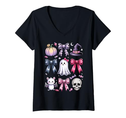 Damen Coquette Bow Pumpkin Halloween Ghost Spooky Season Pumpkin T-Shirt mit V-Ausschnitt von Coquette Bow Halloween Spooky Ghost