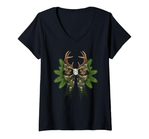 Damen Kokette Bogen Jagd Weihnachten Lustig Camouflage Bogen Hirsch T-Shirt mit V-Ausschnitt Damen Kokette Bogen Jagd Weihnachten Lustig Camouflage Bogen Hirsch T-Shirt mit V-Ausschnitt von Coquette Bow Hunting Christmas