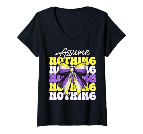 Damen Assume Nothing Nonbinary Flag Pride Girl Coquette Bow T-Shirt mit V-Ausschnitt Damen Assume Nothing Nonbinary Flag Pride Girl Coquette Bow T-Shirt mit V-Ausschnitt von Coquette Bow Non Binary Pride Genderfluid Gifts