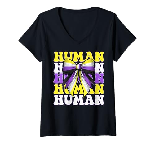 Damen Humane nonbinary flag pride LGBTQ Girl Coquette Bow T-Shirt mit V-Ausschnitt von Coquette Bow Non Binary Pride Genderfluid Gifts