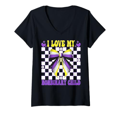 Damen Nonbinary Flag Mama Muttertag Ich liebe mein nichtbinäres Kind T-Shirt mit V-Ausschnitt Damen Nonbinary Flag Mama Muttertag Ich liebe mein nichtbinäres Kind T-Shirt mit V-Ausschnitt von Coquette Bow Non Binary Pride Genderfluid Gifts