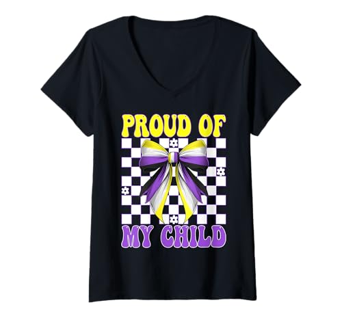 Damen Stolz auf mein Kind Nonbinary Flag Pride Mama Muttertag T-Shirt mit V-Ausschnitt Damen Stolz auf mein Kind Nonbinary Flag Pride Mama Muttertag T-Shirt mit V-Ausschnitt von Coquette Bow Non Binary Pride Genderfluid Gifts