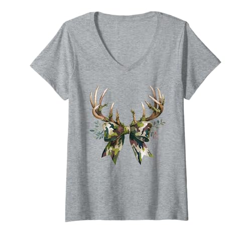 Damen Coquette Camo Schleife Camouflage Geweih Jagd Ente Frauen Mädchen T-Shirt mit V-Ausschnitt Damen Coquette Camo Schleife Camouflage Geweih Jagd Ente Frauen Mädchen T-Shirt mit V-Ausschnitt von Coquette Bow Old Camo Camouflage Hunting Hunter