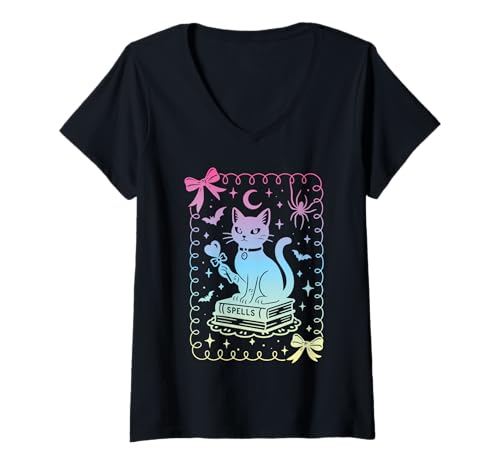 Damen Kokette Schleife Schwarze Katze Zauberbuch Pastell Hexe T-Shirt mit V-Ausschnitt Damen Kokette Schleife Schwarze Katze Zauberbuch Pastell Hexe T-Shirt mit V-Ausschnitt von Coquette Bow Pastel Goth Witch Girls Retro 90s y2k