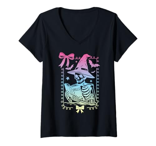 Damen Kokette Schleife Skelett Zauberbuch Pastell Hexenmädchen T-Shirt mit V-Ausschnitt Damen Kokette Schleife Skelett Zauberbuch Pastell Hexenmädchen T-Shirt mit V-Ausschnitt von Coquette Bow Pastel Goth Witch Girls Retro 90s y2k