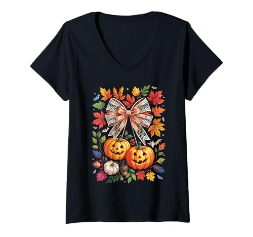 Damen Vintage Halloween Pumpkins with Elegant Lace Bow Fall Leaves T-Shirt mit V-Ausschnitt Damen Vintage Halloween Pumpkins with Elegant Lace Bow Fall Leaves T-Shirt mit V-Ausschnitt von Coquette Bow Pumpkin Elegant Autumn Aesthetics