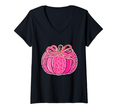 Damen Kokette Schleife Kürbis Brustkrebs Bewusstsein T-Shirt mit V-Ausschnitt Damen Kokette Schleife Kürbis Brustkrebs Bewusstsein T-Shirt mit V-Ausschnitt von Coquette Bow Pumpkin Gift