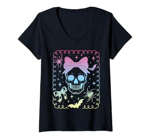 Damen Kokette Schleife Totenkopf Pastell-Goth Hexenmädchen T-Shirt mit V-Ausschnitt Damen Kokette Schleife Totenkopf Pastell-Goth Hexenmädchen T-Shirt mit V-Ausschnitt von Coquette Bows Boo-Jee Y2K Pastel Goth Witch Girls