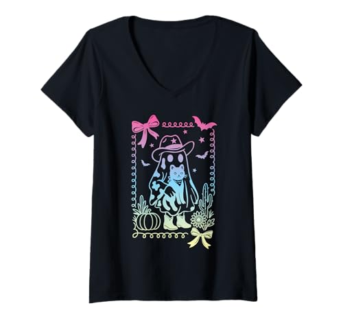 Damen Kokette Schleife Retro-Cowboy-Geist Katze Pastell-Goth Hexe T-Shirt mit V-Ausschnitt von Coquette Bows Ghost Cat Pastel Goth Witch Girls