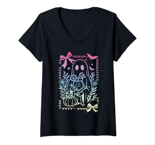 Damen Kokette Schleife Geist Summerween Pastell-Goth Hexenmädchen T-Shirt mit V-Ausschnitt Damen Kokette Schleife Geist Summerween Pastell-Goth Hexenmädchen T-Shirt mit V-Ausschnitt von Coquette Bows Ghost Y2K Pastel Goth Witch Girls
