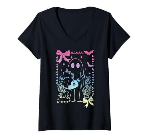 Damen Kokette Schleife Retro-Geist Kaffee Pastell Goth Hexe T-Shirt mit V-Ausschnitt Damen Kokette Schleife Retro-Geist Kaffee Pastell Goth Hexe T-Shirt mit V-Ausschnitt von Coquette Bows Ghost Y2K Pastel Goth Witch Girls