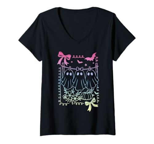 Damen Kokette Schleife Retro-Geister Pastell-Goth Hexenmädchen T-Shirt mit V-Ausschnitt Damen Kokette Schleife Retro-Geister Pastell-Goth Hexenmädchen T-Shirt mit V-Ausschnitt von Coquette Bows Ghost Y2K Pastel Goth Witch Girls