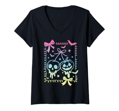 Damen Kokette Schleife Kürbis Kirschen Pastell Goth Hexenmädchen T-Shirt mit V-Ausschnitt von Coquette Bows Retro Y2K Pastel Goth Witch Girls