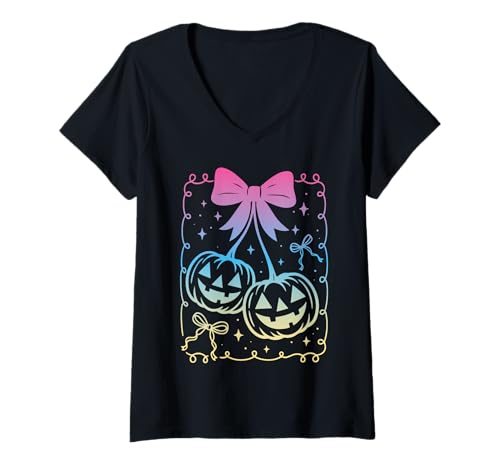 Damen Kokette Schleife Kürbis Kirschen Pastell Goth Hexenmädchen T-Shirt mit V-Ausschnitt von Coquette Bows Retro Y2K Pastel Goth Witch Girls