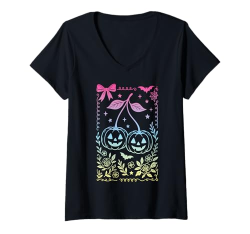 Damen Kokette Schleife Kürbis Kirschen Pastell Goth Hexenmädchen T-Shirt mit V-Ausschnitt von Coquette Bows Retro Y2K Pastel Goth Witch Girls