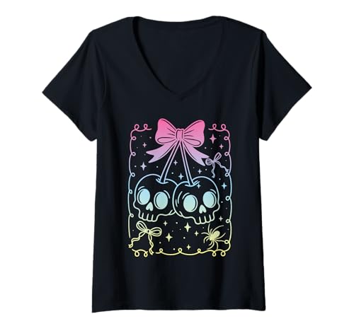 Damen Kokette Schleife Totenkopf Kirschen Pastell Goth Hexe T-Shirt mit V-Ausschnitt von Coquette Bows Retro Y2K Pastel Goth Witch Girls