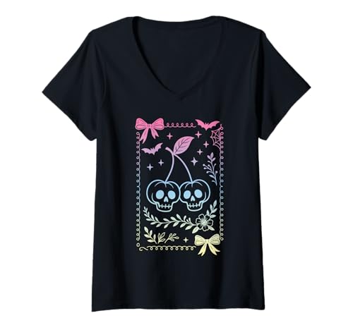 Damen Kokette Schleife Totenkopf Kirschen Pastell Goth Hexe T-Shirt mit V-Ausschnitt von Coquette Bows Retro Y2K Pastel Goth Witch Girls
