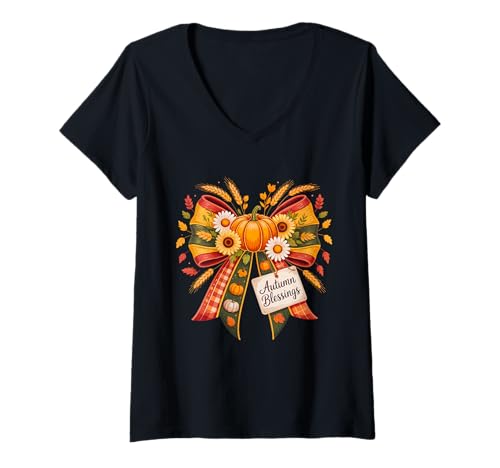 Damen Retro Coquette Schleife Herbst Erntefest Thanksgiving T-Shirt mit V-Ausschnitt Damen Retro Coquette Schleife Herbst Erntefest Thanksgiving T-Shirt mit V-Ausschnitt von Coquette Charm Creations