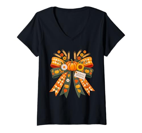 Damen Retro Coquette Schleife Herbst Erntefest Thanksgiving T-Shirt mit V-Ausschnitt Damen Retro Coquette Schleife Herbst Erntefest Thanksgiving T-Shirt mit V-Ausschnitt von Coquette Charm Creations