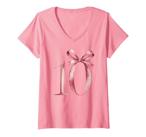 Damen 10. Geburtstag Mädchen mit süßem Schleifen-Design T-Shirt mit V-Ausschnitt Damen 10. Geburtstag Mädchen mit süßem Schleifen-Design T-Shirt mit V-Ausschnitt von Coquette Feiern