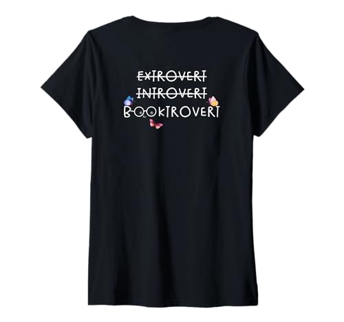 Damen Extrovertierter Introvertierter Buchtrovert Schmetterling Schleife Kunst auf der Rückseite T-Shirt mit V-Ausschnitt Damen Extrovertierter Introvertierter Buchtrovert Schmetterling Schleife Kunst auf der Rückseite T-Shirt mit V-Ausschnitt von Coquette Girl Pink Bow Daughter Best Mom Ever