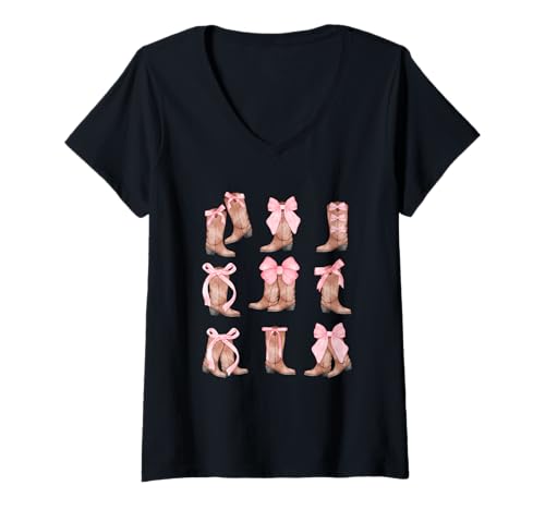 Damen Cowgirl Boots Coquette Aesthetic and Pink Bows T-Shirt mit V-Ausschnitt Damen Cowgirl Boots Coquette Aesthetic and Pink Bows T-Shirt mit V-Ausschnitt von Coquette Girls Western Bows & Boots