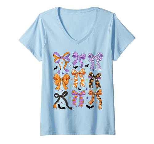Damen Kokette Halloween Schleife Gruselige Jahreszeit Halloween Kürbis Bogen T-Shirt mit V-Ausschnitt Damen Kokette Halloween Schleife Gruselige Jahreszeit Halloween Kürbis Bogen T-Shirt mit V-Ausschnitt von Coquette Halloween Bow Halloween Bow Pattern Gift