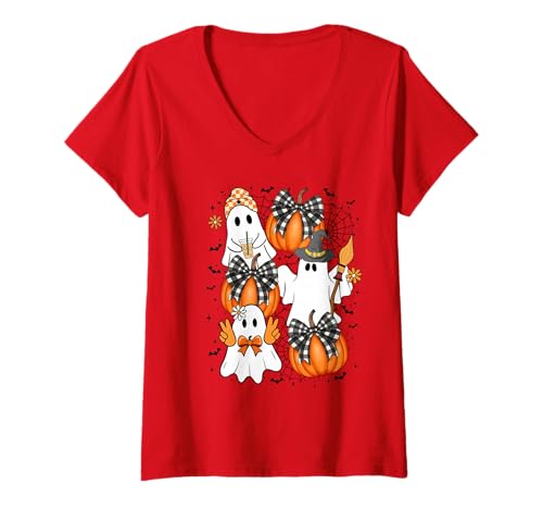 Damen Trendige Halloween-Kürbis- und Geisterkokette T-Shirt mit V-Ausschnitt Damen Trendige Halloween-Kürbis- und Geisterkokette T-Shirt mit V-Ausschnitt von Coquette Halloween