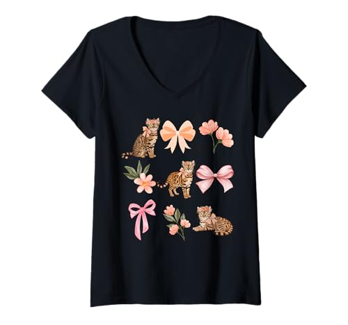 Damen Bengalkatze Kokette Toile Vintage Schleife Rose Muster T-Shirt mit V-Ausschnitt Damen Bengalkatze Kokette Toile Vintage Schleife Rose Muster T-Shirt mit V-Ausschnitt von Coquette Pet Toile Studio