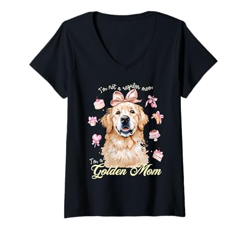 Damen Coquette Golden Mom Pink Bow Golden Retriever Aquarell T-Shirt mit V-Ausschnitt Damen Coquette Golden Mom Pink Bow Golden Retriever Aquarell T-Shirt mit V-Ausschnitt von Coquette Pink Bows and Cherries for Cute Dog Moms