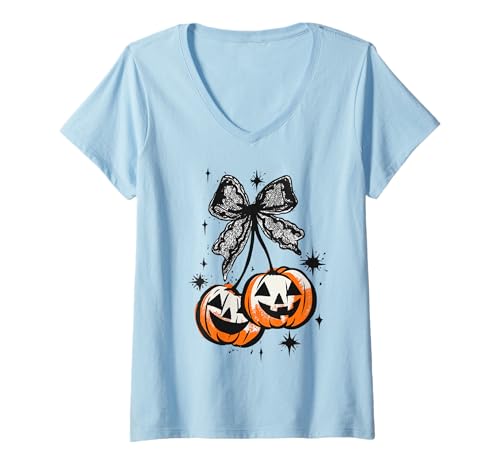 Damen Halloween Kürbis Kirschen Bogen Kokette Gruselige Geisterschleife T-Shirt mit V-Ausschnitt Damen Halloween Kürbis Kirschen Bogen Kokette Gruselige Geisterschleife T-Shirt mit V-Ausschnitt von Coquette Pumpkin Bow Spooky ghost Bow Gift Idea