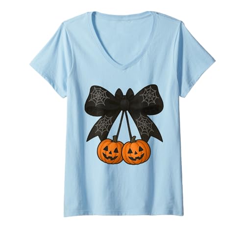 Damen Halloween Kürbis Kirschen Kokette Schleife Gruselige Geisterschleife T-Shirt mit V-Ausschnitt Damen Halloween Kürbis Kirschen Kokette Schleife Gruselige Geisterschleife T-Shirt mit V-Ausschnitt von Coquette Pumpkin Bow Spooky ghost Bow Gift Idea