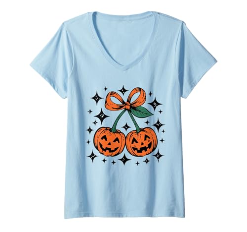 Damen Kürbis Kirschen Schleife Halloween Kokette Herbst Retro Herbst T-Shirt mit V-Ausschnitt Damen Kürbis Kirschen Schleife Halloween Kokette Herbst Retro Herbst T-Shirt mit V-Ausschnitt von Coquette Pumpkin Cherries Bow Halloween Gift Idea