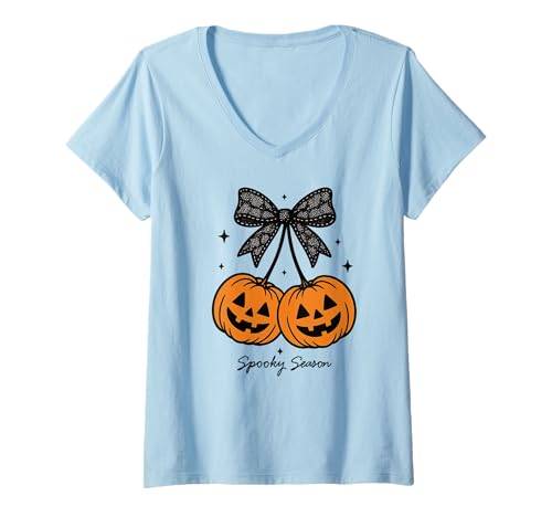 Damen Kürbiskirschen Kokette Schleife Gruselige Jahreszeit Mädchen T-Shirt mit V-Ausschnitt von Coquette Pumpkin Cherries Halloween Spooky Season