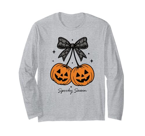 Kürbiskirschen Kokette Schleife Gruselige Jahreszeit Mädchen Langarmshirt von Coquette Pumpkin Cherries Halloween Spooky Season