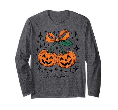 Kürbiskirschen Kokette Schleife Gruselige Jahreszeit Mädchen Langarmshirt von Coquette Pumpkin Cherries Halloween Spooky Season
