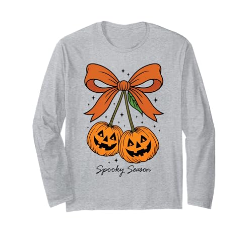 Kürbiskirschen Kokette Schleife Gruselige Jahreszeit Mädchen Langarmshirt von Coquette Pumpkin Cherries Halloween Spooky Season