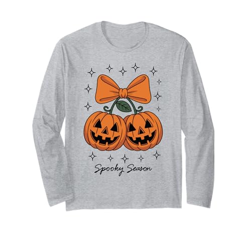 Kürbiskirschen Kokette Schleife Gruselige Jahreszeit Mädchen Langarmshirt von Coquette Pumpkin Cherries Halloween Spooky Season
