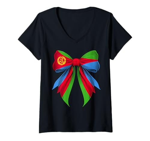 Damen Eritrea Eritrean Pride Kokette Schleife Kokette Flagge Mädchen Mama T-Shirt mit V-Ausschnitt Damen Eritrea Eritrean Pride Kokette Schleife Kokette Flagge Mädchen Mama T-Shirt mit V-Ausschnitt von Coquette Ribbon Bow Flag Eritrea Eritrean Gifts