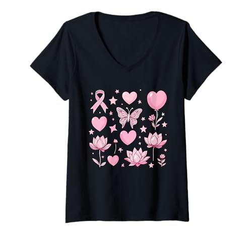 Damen Brustkrebs Bewusstsein Coquette Rosa Schleife T-Shirt mit V-Ausschnitt Damen Brustkrebs Bewusstsein Coquette Rosa Schleife T-Shirt mit V-Ausschnitt von Coquette Rosa Schleifen Kollektion