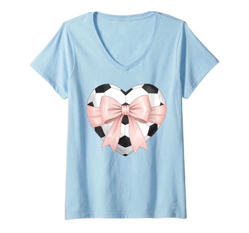 Damen Coquette Fußball Herz Schleife Shirt Cute Football Support T-Shirt mit V-Ausschnitt von Coquette Soccer Heart Bow Tee Shirts